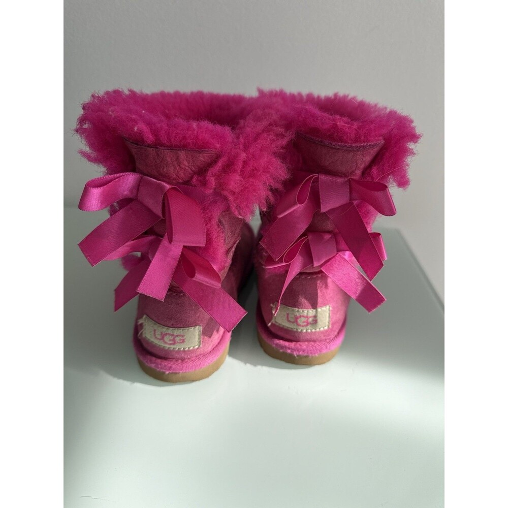 ✿ UGG Kids Pink Suede Shearling Bow Back Boots Winter Warm Girls Size 12 USA